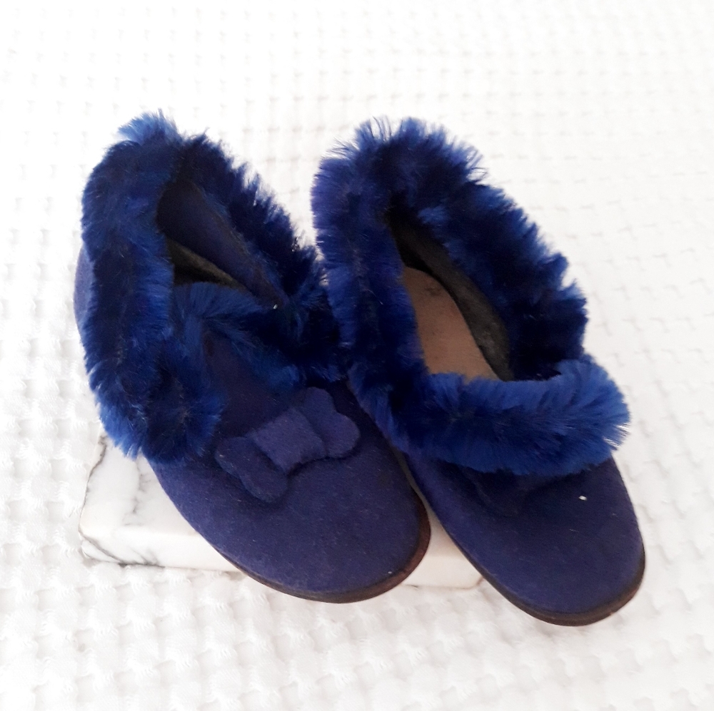 Vintage 1920's Children's Bed Slippers Blue Felt Wool Chenille Trim Wooden Sole - Picture 11 of 12